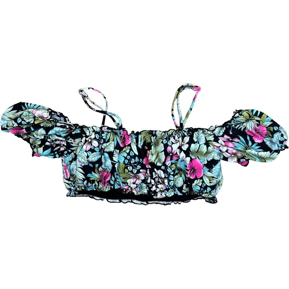 Beach Joy Bikini Top Womens Large Black Floral Cold Shoulder‎ Smocked Crop Swim